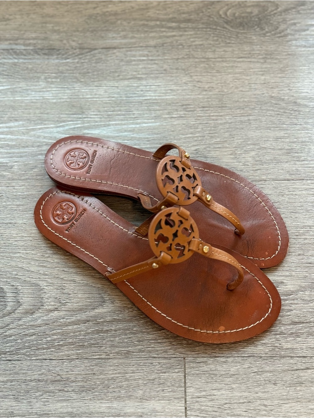 Tory Burch Tan Leather Logo Thong Sandals